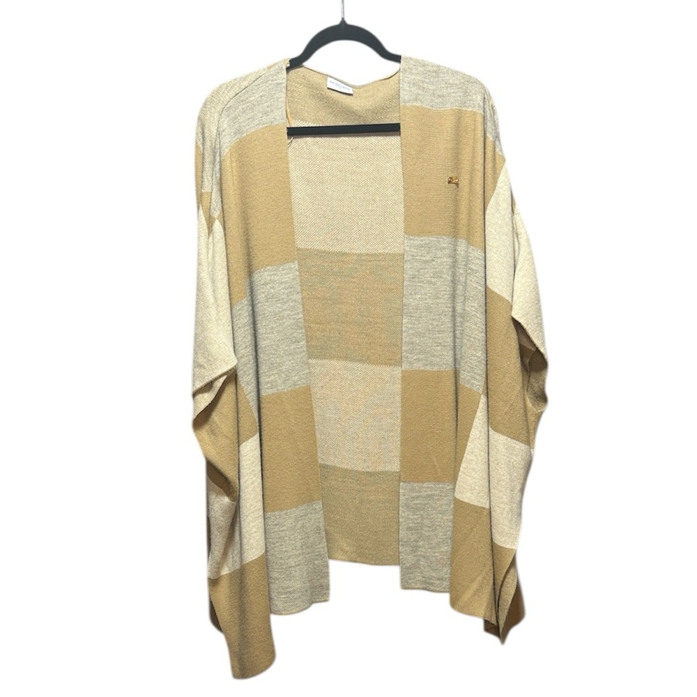 Beige and Cream Checker Open-Front Cape Cardigan
